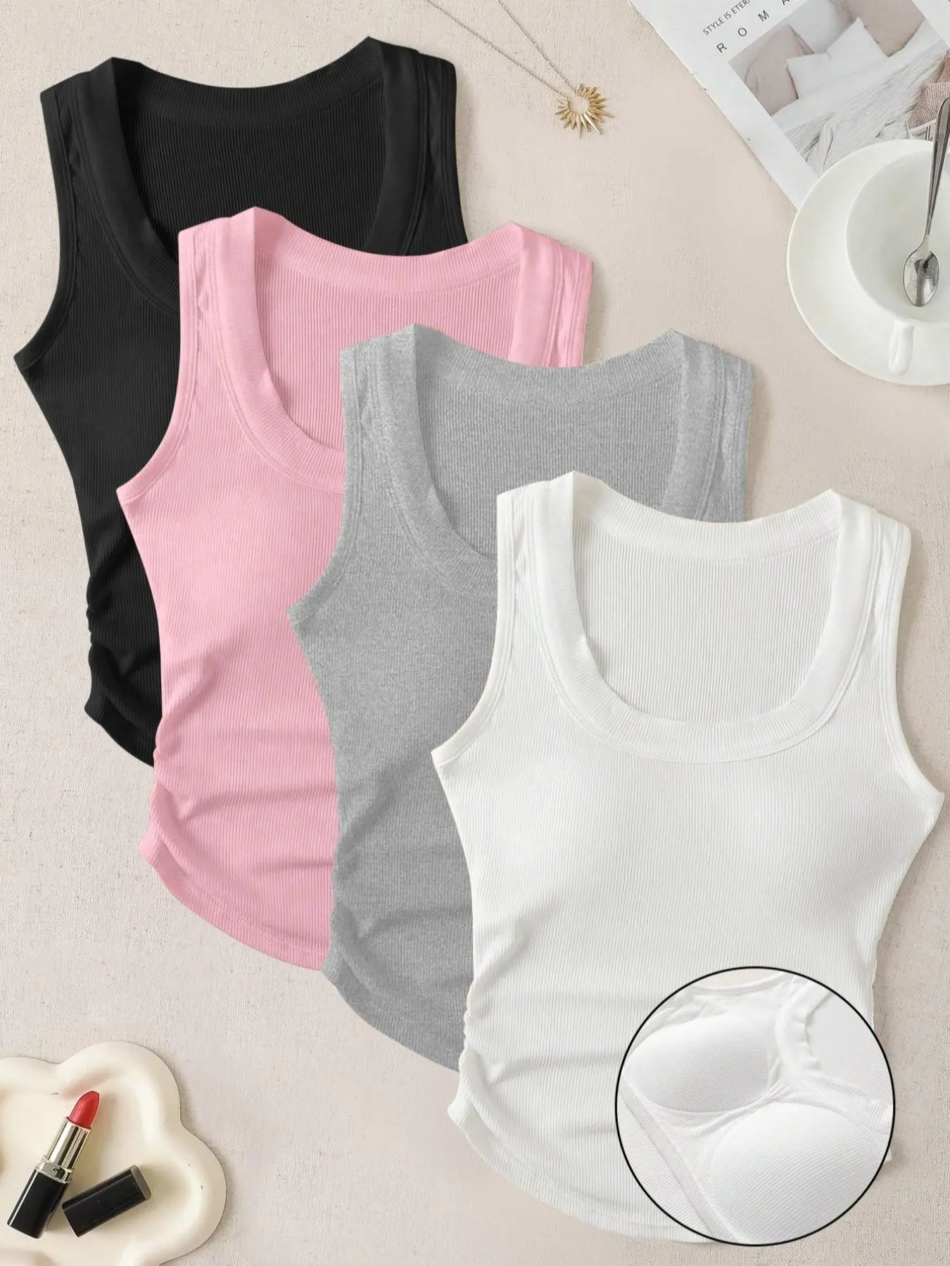 4-Pack Women Sleeveless Tank Tops casual basic tees with waist ruched detail & irregular curved hem Equipped with comfy wireless fixed padded bra inserts, perfect for daily wear, yoga office commutes and street style outfits Casual Basic Tanks