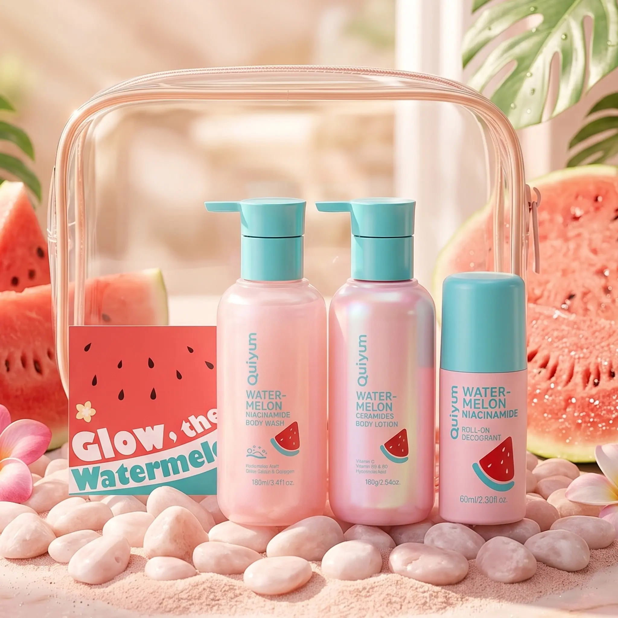 QUIYUM Watermelon Body Care Travel Set, Refreshing Moisturizing Bath Gift Set with Shower Gel, Hydrating Body Lotion, Roll-On Deodorant, Greeting Card & Travel Bag, Skincare Gift Set for Women, Body Care Pack
