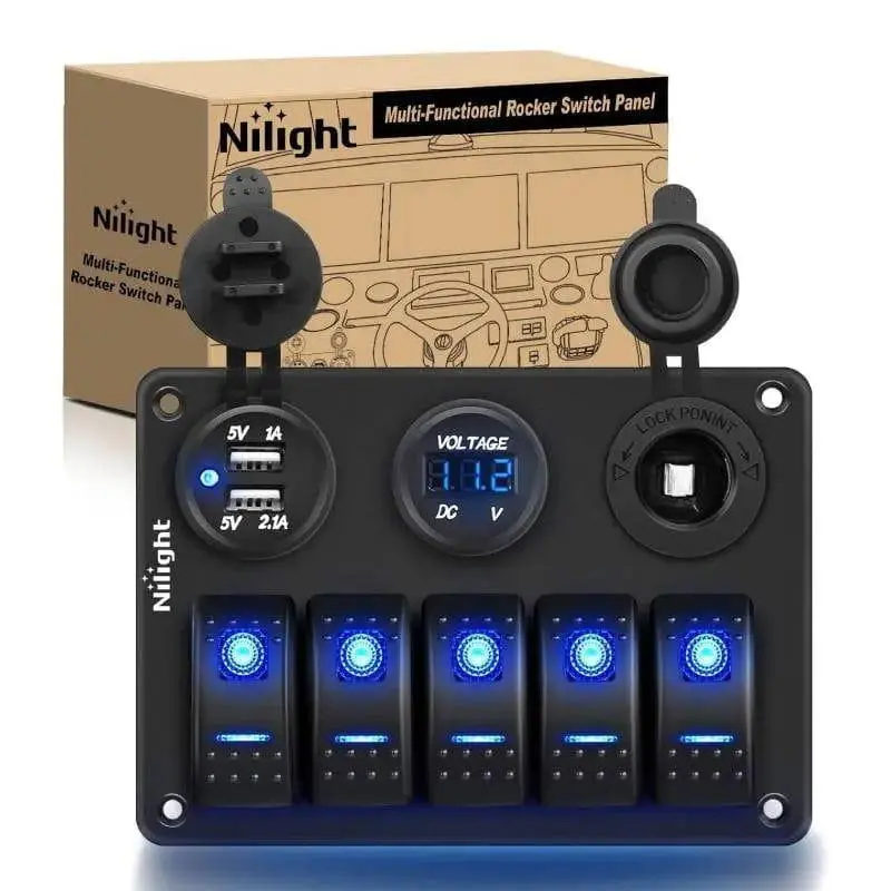 Nilight 5-Gang Aluminum Rocker Switch Panel - 12-24V DC, Waterproof, Pre-Wired, Dual USB, Cigarette Lighter Socket, Voltmeter, ABS Plastic, LED Nightglow, 2 Sets of DIY Stickers for Yachts, Car Electrical Appliances