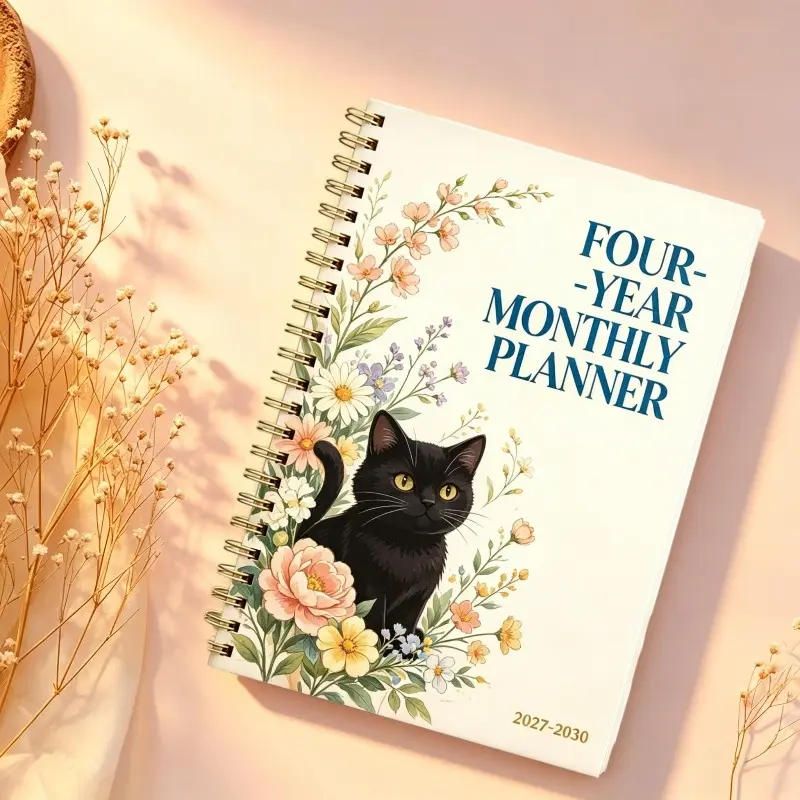 2027-2030 Monthly Custom Calendar - From January 2027 to December 2030, a four-year monthly custom calendar, black cat floral themed cover notebook, annual calendar customization, month tabs, 48-month calendar, 13.97cm x 21.08cm thick paper, elastic cover