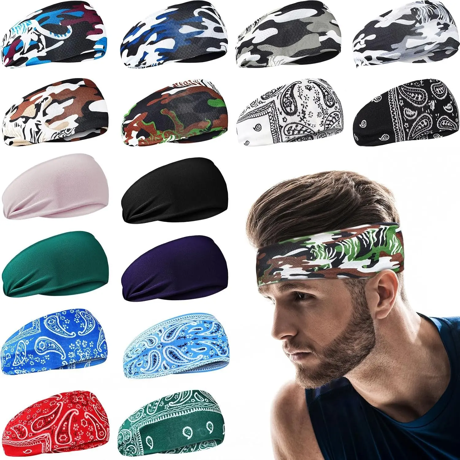 16 Pcs Sports Headbands for Men Sweatbands for Women Workout Stretchy Non Slip Hair Band Sweat Wicking Running Headband for Cycling Hiking Yoga Ice Hockey