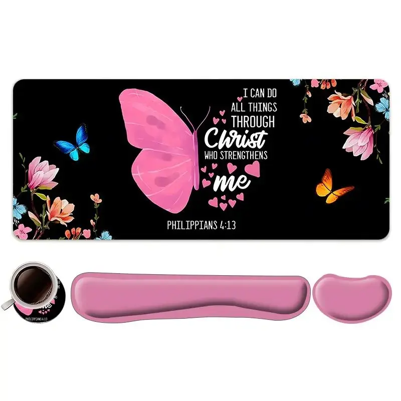 Flower & Butterfly Pattern Mouse Pad & Keyboard Wrist Rest & Coaster Set, Ergonomic Wrist Support, Computer Mat Mouse Pad Coaster for Home Office Gaming, Mousepad, Mouse Pad With Wrist Rest