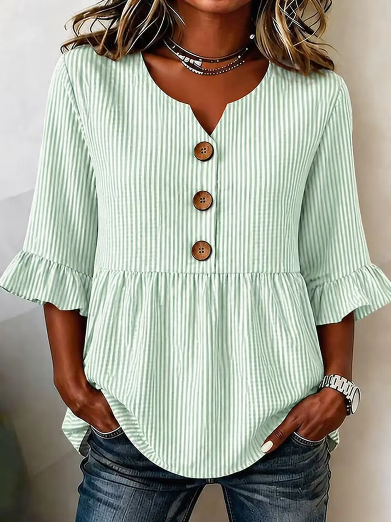 Women Sublimation Printed Peplum Tunic Blouse Top, Notch V‑Neck 3/4 Ruffle Flounce Sleeve Button Decor Shirt, Mint Green White Vertical Striped Solid Tone Print for Daily Casual Outfit, Office Casual, Weekend Brunch and Relaxed Country‑side Street‑wear Oc