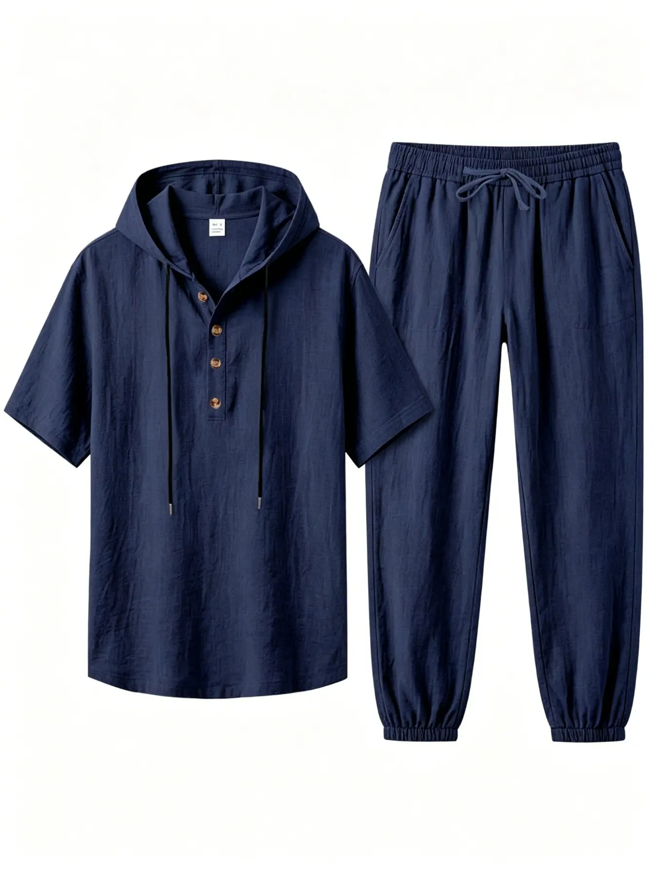 Mens Summer Thin Linen Two Piece Tracksuit, Drawstring Hood Half Placket Short Sleeve Top + Elastic Drawstring Waist Jog Pants Multi Color Daily Commute Resort Casual Outfit, Casual Sporty Set