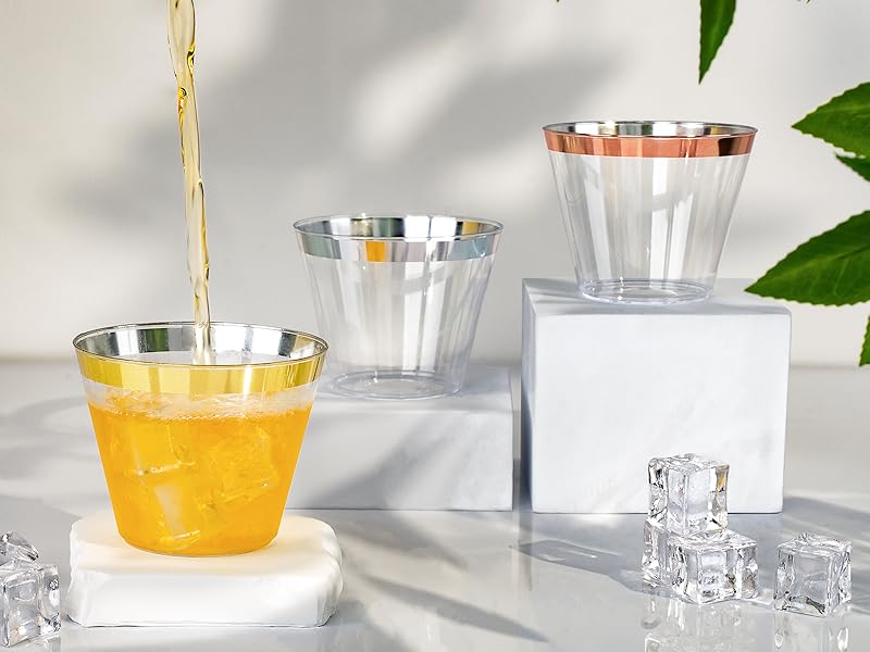 Bestluck 175PCS Gold Plastic Plates for 25 Guests, Disposable Dinnerware Sets Include 50 Gold Rim Plastic Plates, 25 Silverwares, 25 Cups, and 25 Pre Rolled Napkins for Party, Wedding and Graduation