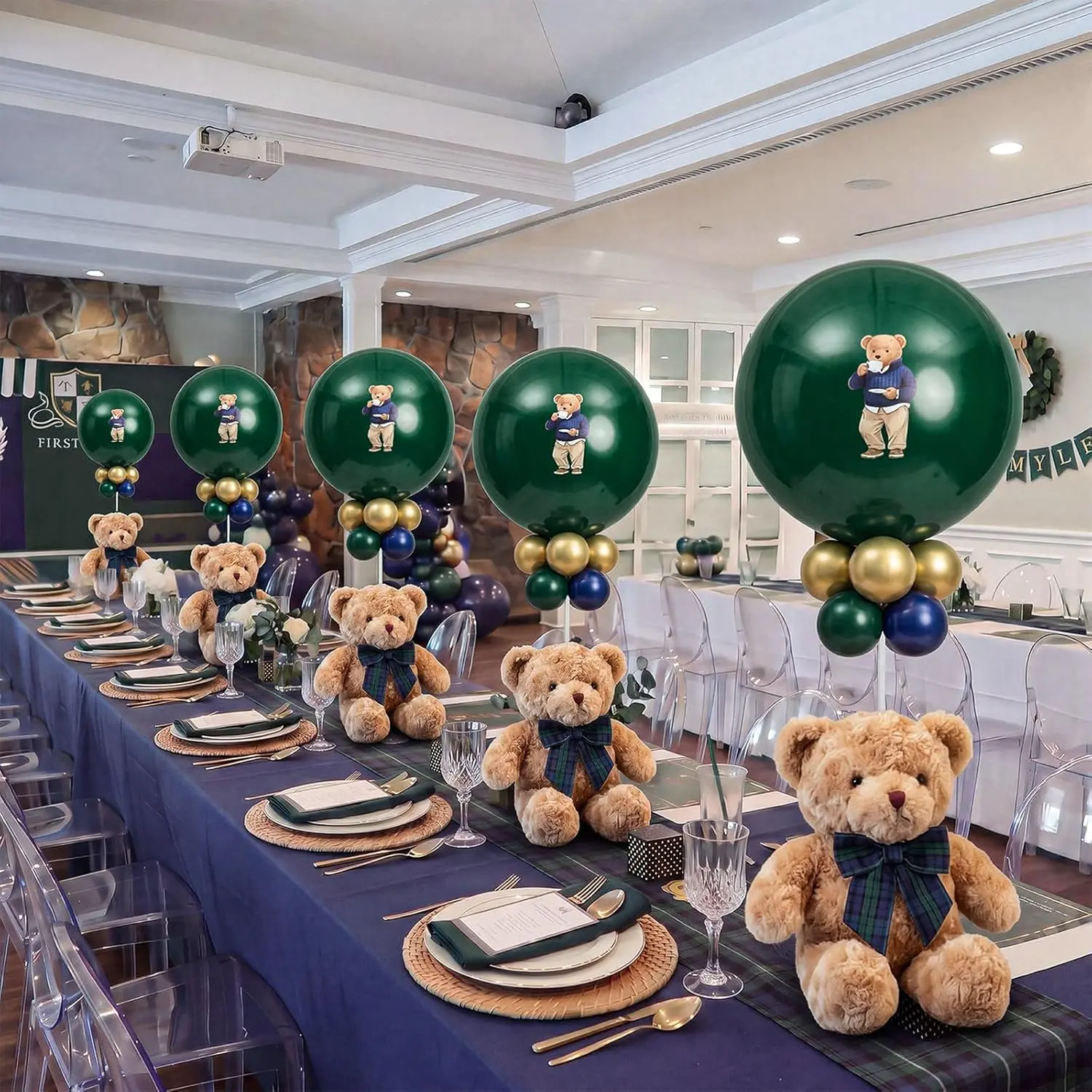 5 Set Tartan Plaids Equestrian Bear Baby Shower Table Centerpieces We Can Bearly Wait Baby Shower Decorations Blue and Green Balloon Kit for Gender Reveal Birthday Party Supplies