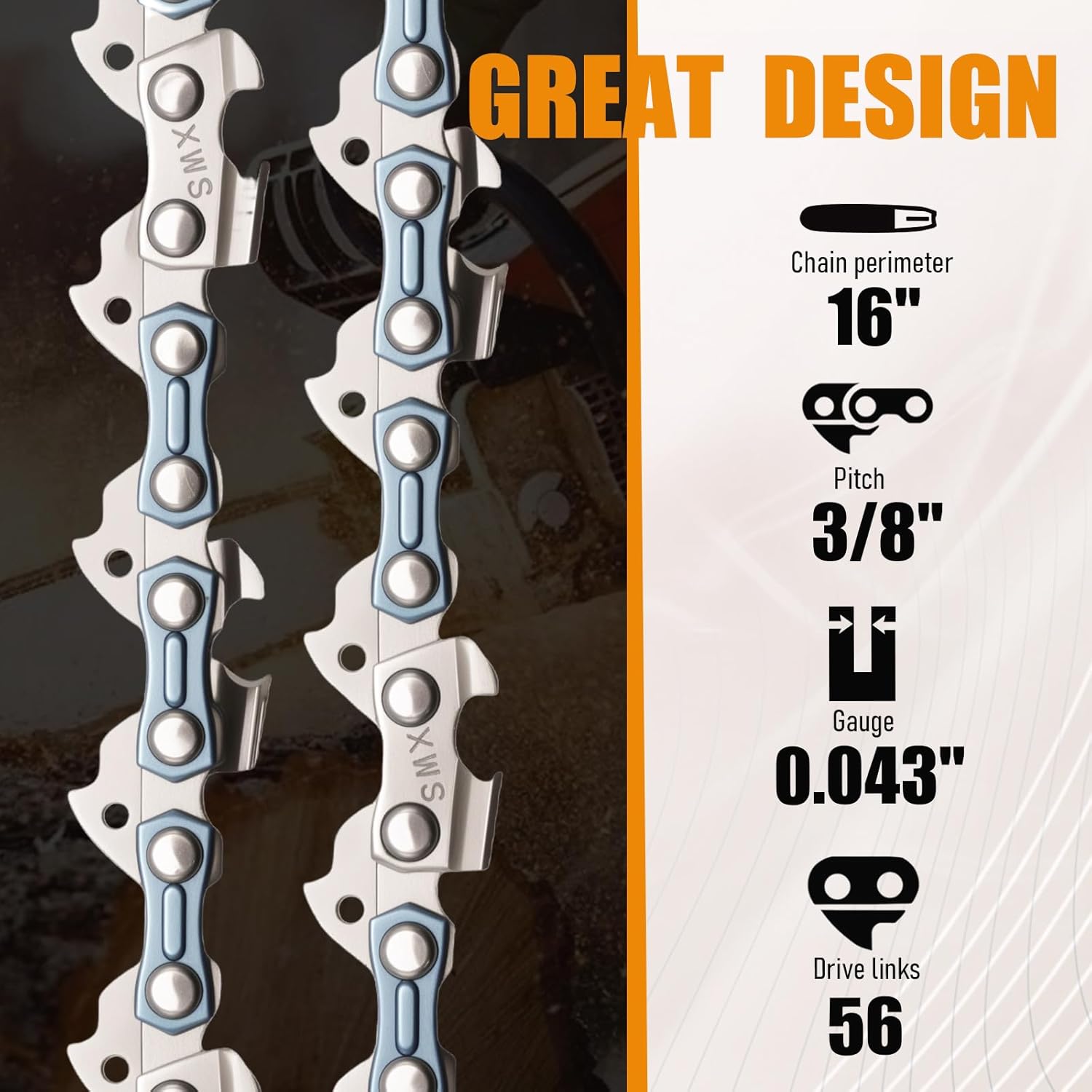 4 Pack 16 Inch  Chain, 3/8" LP Pitch .043'' Gauge 56 Drive Links Semi-Chisel Chain, Replacement for EGO