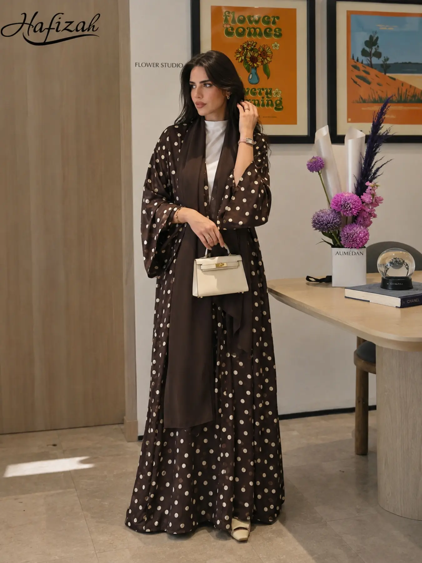 Women's Polka Dot Robe + Headscarf Set, Loose Long Muslim Modest Dress, Matching Hijab, Elegant Islamic Clothing, Comfortable & Stylish