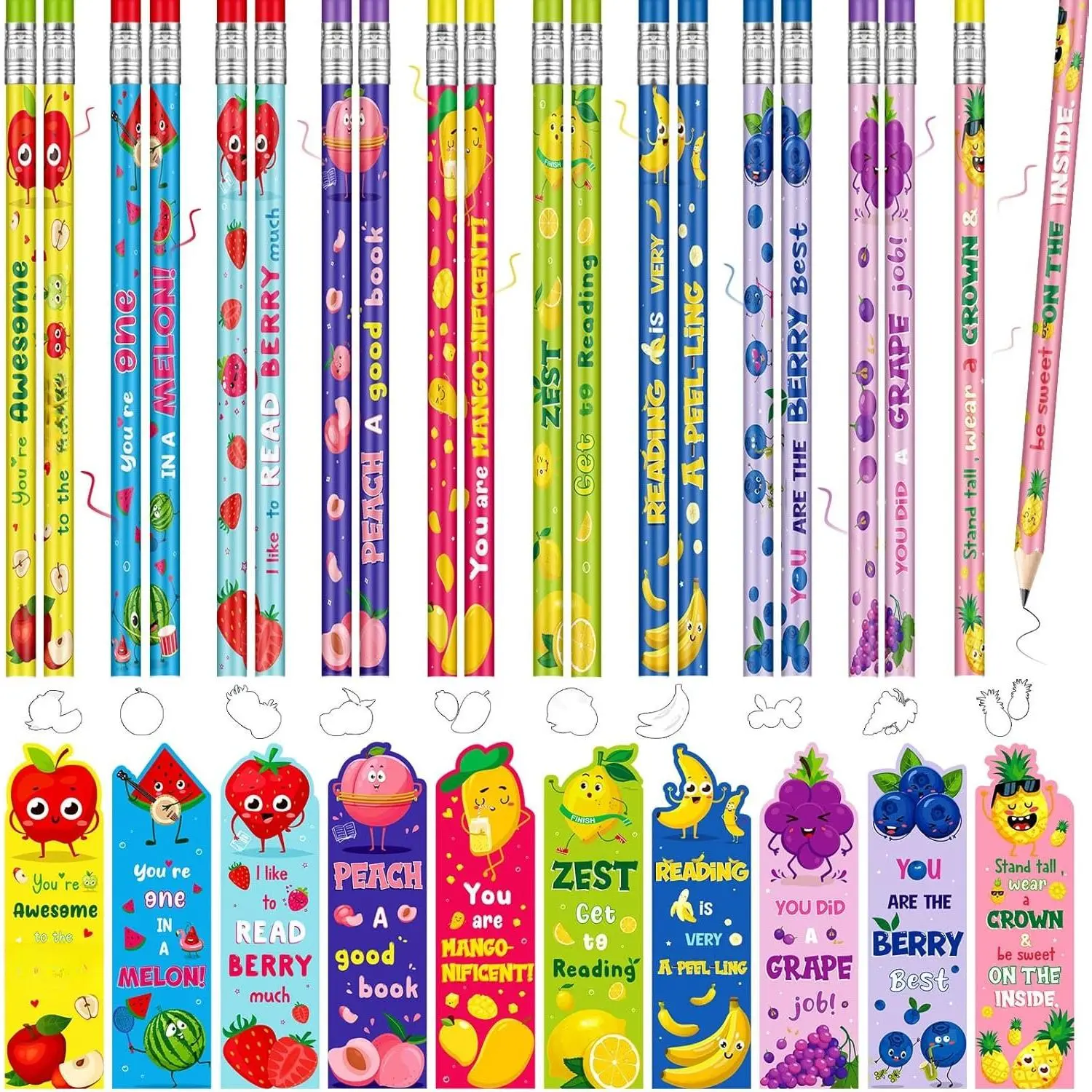 60 Sets Inspirational Pencils and Fruit Scented Bookmark Sets Positive Graphite Pencils Bulk Scratch and Sniff Book Marks Motivational Gifts for  Students Classroom Prizes Party Favors