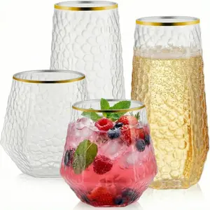 48 Pack Plastic  Glasses - 24 x 9oz Stemless Champagne Flutes & 24 x 12oz Disposable  Glasses - Plastic Cups with  Rim -  Drinkware for Weddings, Parties ( Rim Hammered)