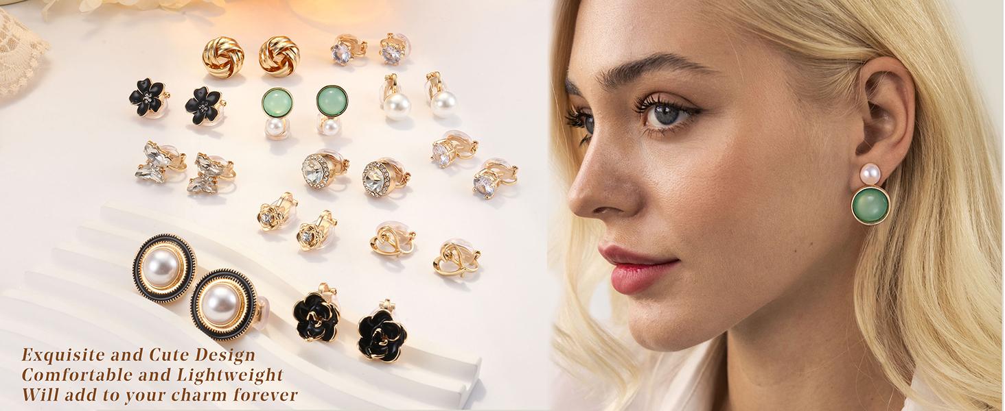 FASACCO 12pairs Clip on Earrings for Women Sparklrd Crystal Clip Earrings CZ Cute Butterfly Flower Pearl Clip on Stud Earrings Non Piercing Jewelry