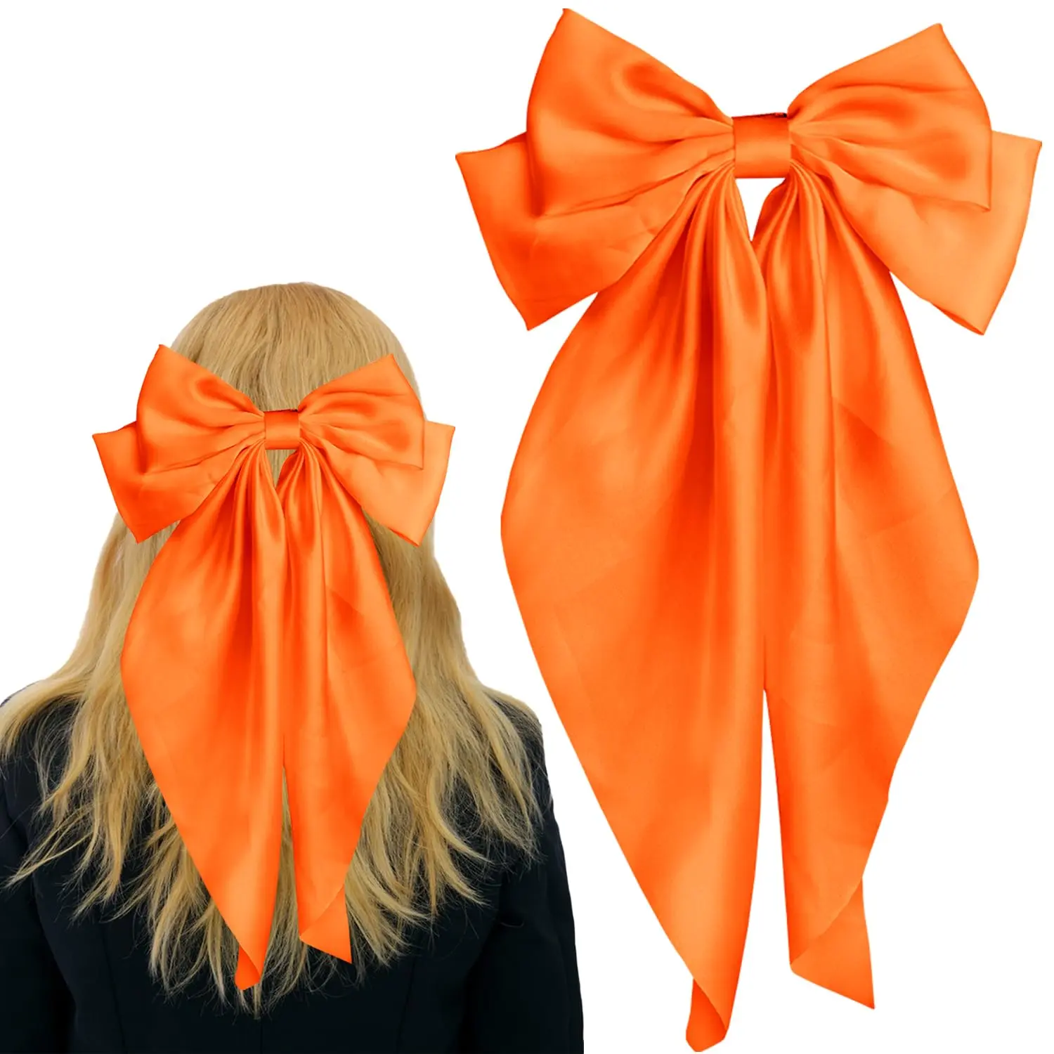 Pufandor Hair Bow Silky Satin Hair Ribbons for Women, Orange Bows for Girls Hair Bowknot Barrettes Long Tails with Clips Big Hair Bows Hair Accessories (Orange 1 count)