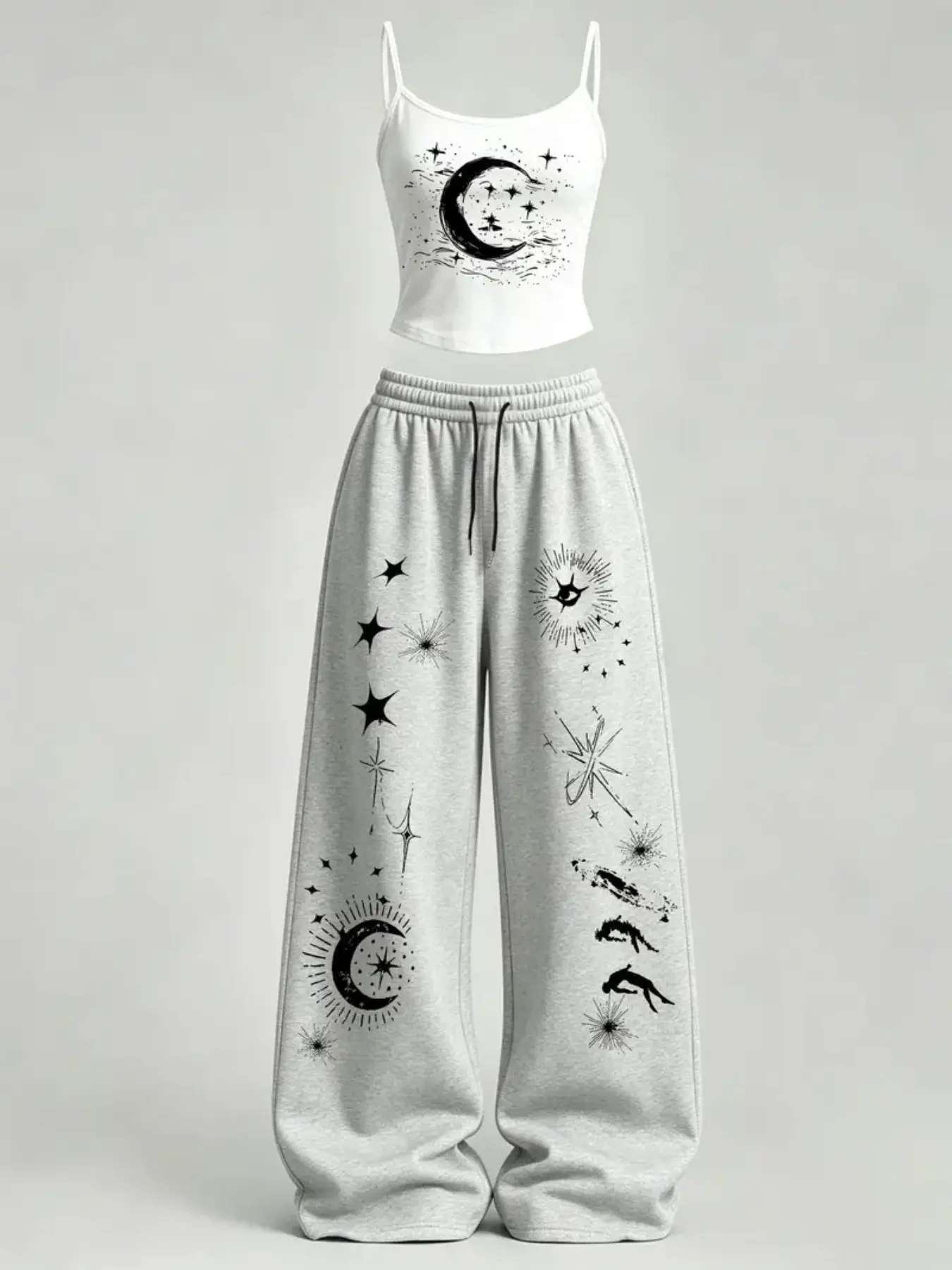 American Retro Star Moon Print Halter Set for Women, Hot Girl Short Sleeve Top and High Waist Wide Leg Pants Two Piece Set