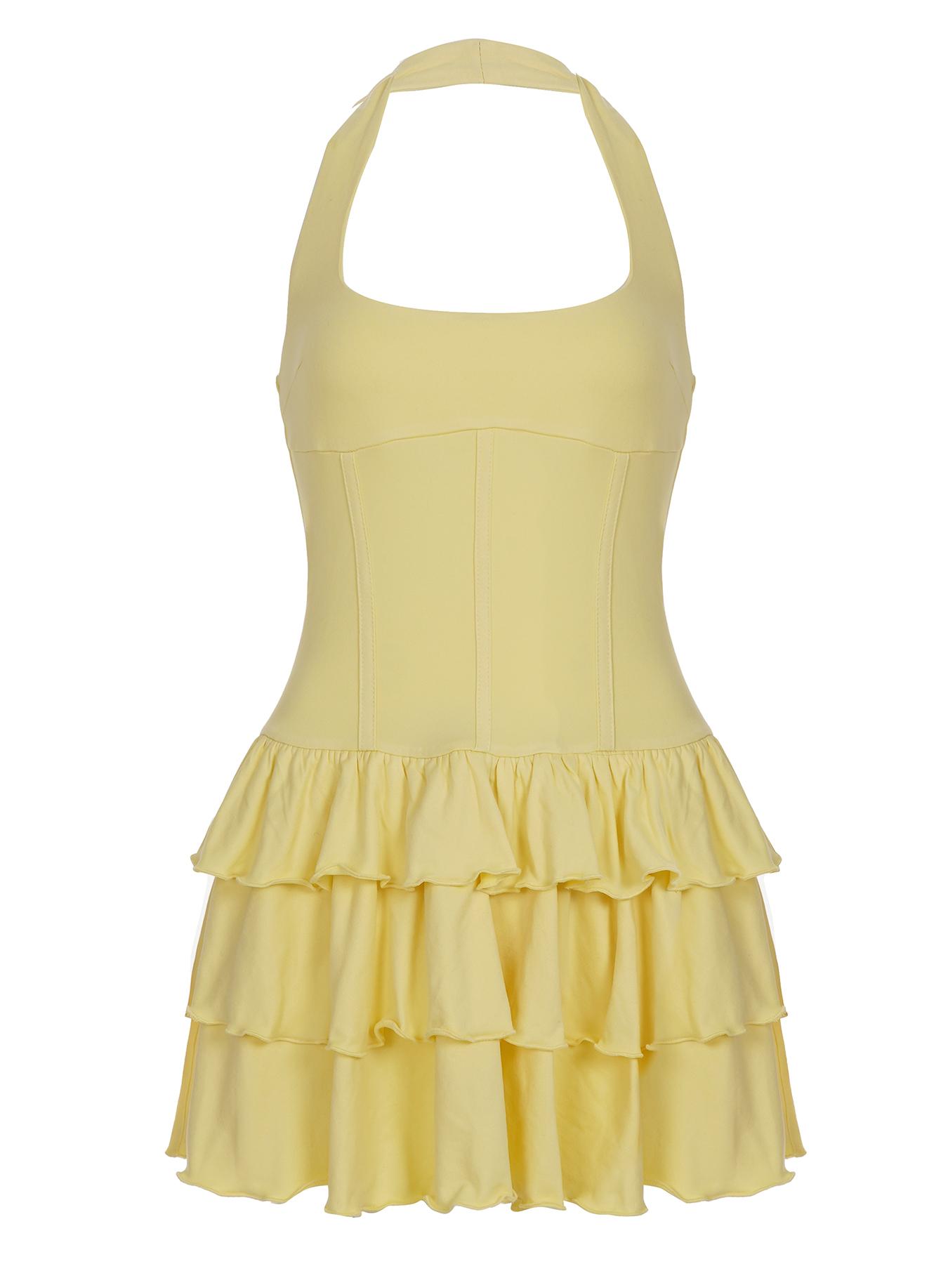 Women's Fashionable Halter Mini Pleated Dress, Layered Ruffle Hem A-line Dress, Summer Party Dress