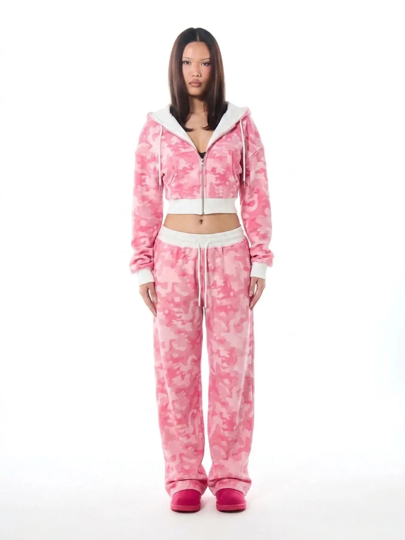 Women Pink Camo Cropped Zip Up Hoodie Sweatpants Set Y2K Long Sleeve Tracksuit Casual Two Piece Outfit