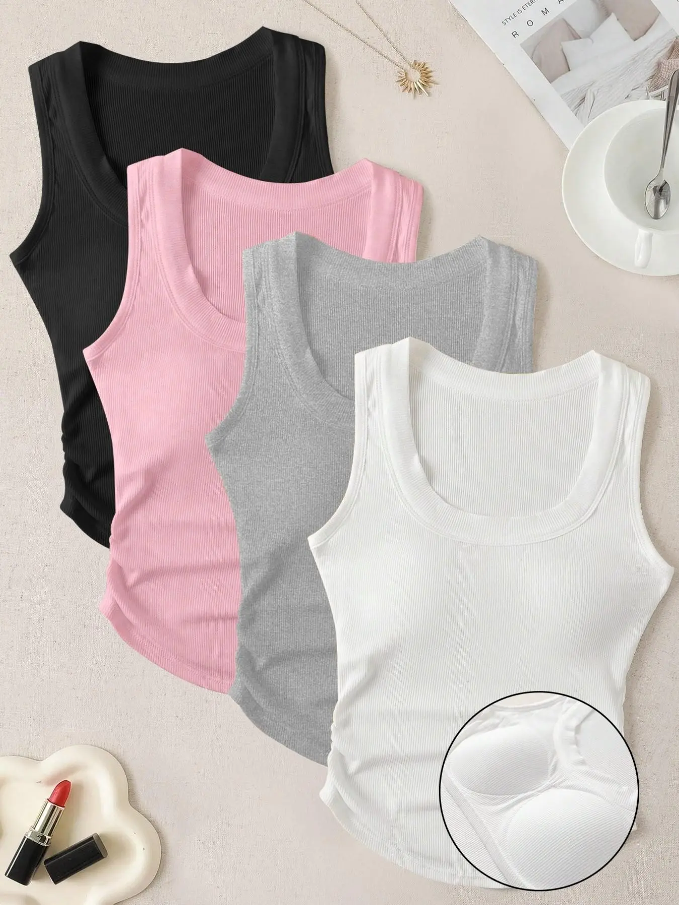 Four-Season Minimalist Multi-Piece Set U-Neck Sleeveless Tank Top, Side Pleated Curved Hem, Plain Color Basic Strap Set, Casual Daily Wear