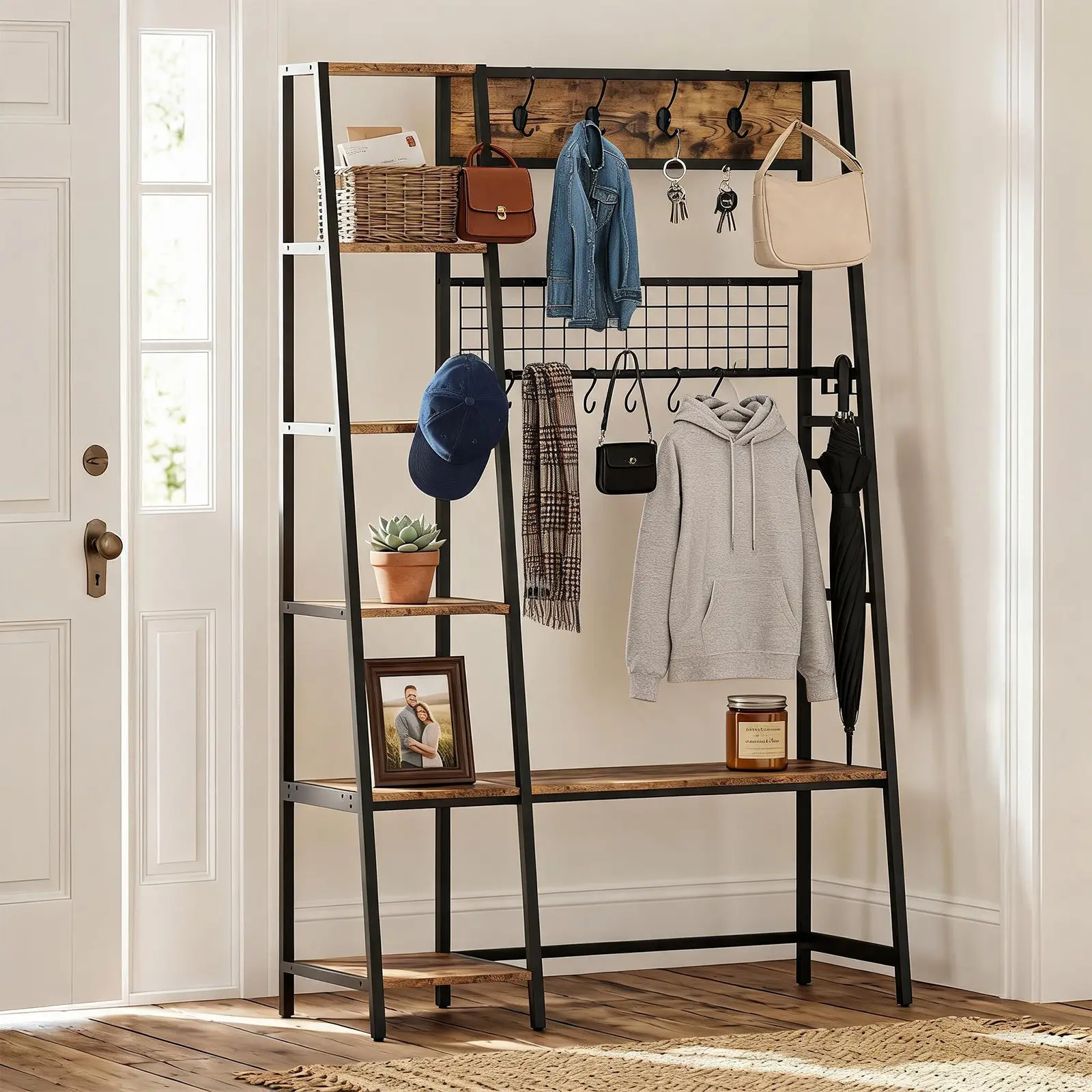 Gaomon Hall Tree with Bench and Shoe Storage, Entryway Bench with Coat Rack, 4-in-1, with 8 Removable Hooks, Industrial Entryway Furniture