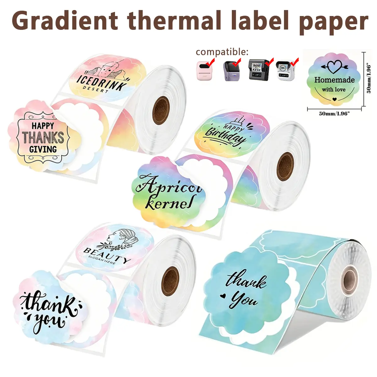 Thermal color gradient labels, 50×50mm self-adhesive labels, suitable for holiday labels, gift labels/thank-you labels, envelope decorations, compatible with portable label printers such as M110, M220, and P50.