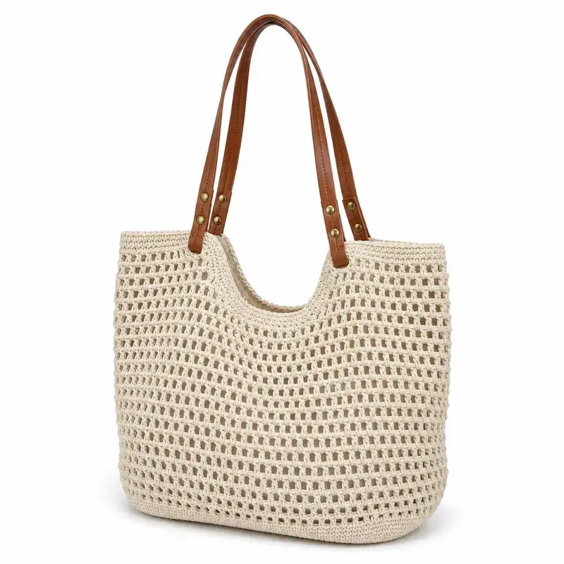 Women's Crochet Hollow-Out Knitted Mesh Tote Bag with Faux Leather Handles - Lightweight Boho Gym Shoulder Bag for Beach, Daily Use