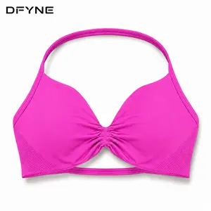 DFYNE Women Seamless Open Back Halter Sports Bra Strappy Low Back Yoga Gym Workout Bra Top