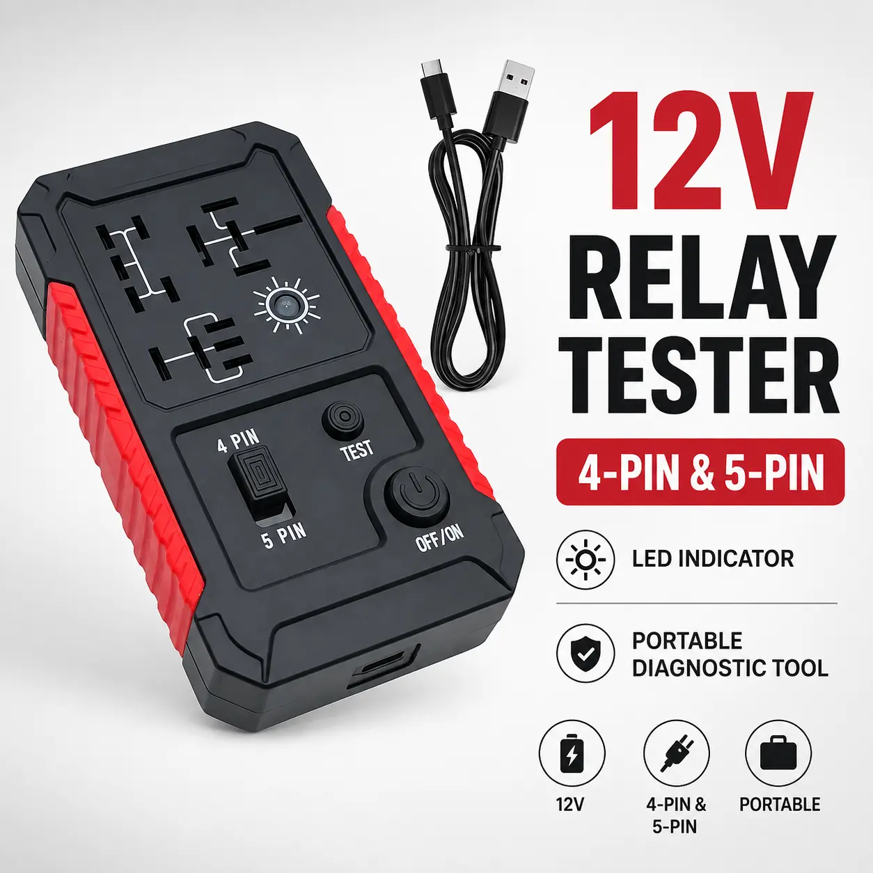 12V Automotive Relay Tester with LED Indicator, Portable Diagnostic Tool for 4-Pin & 5-Pin Relays, Battery-Powered Circuit Checker for Fast Car Electrical Troubleshooting
