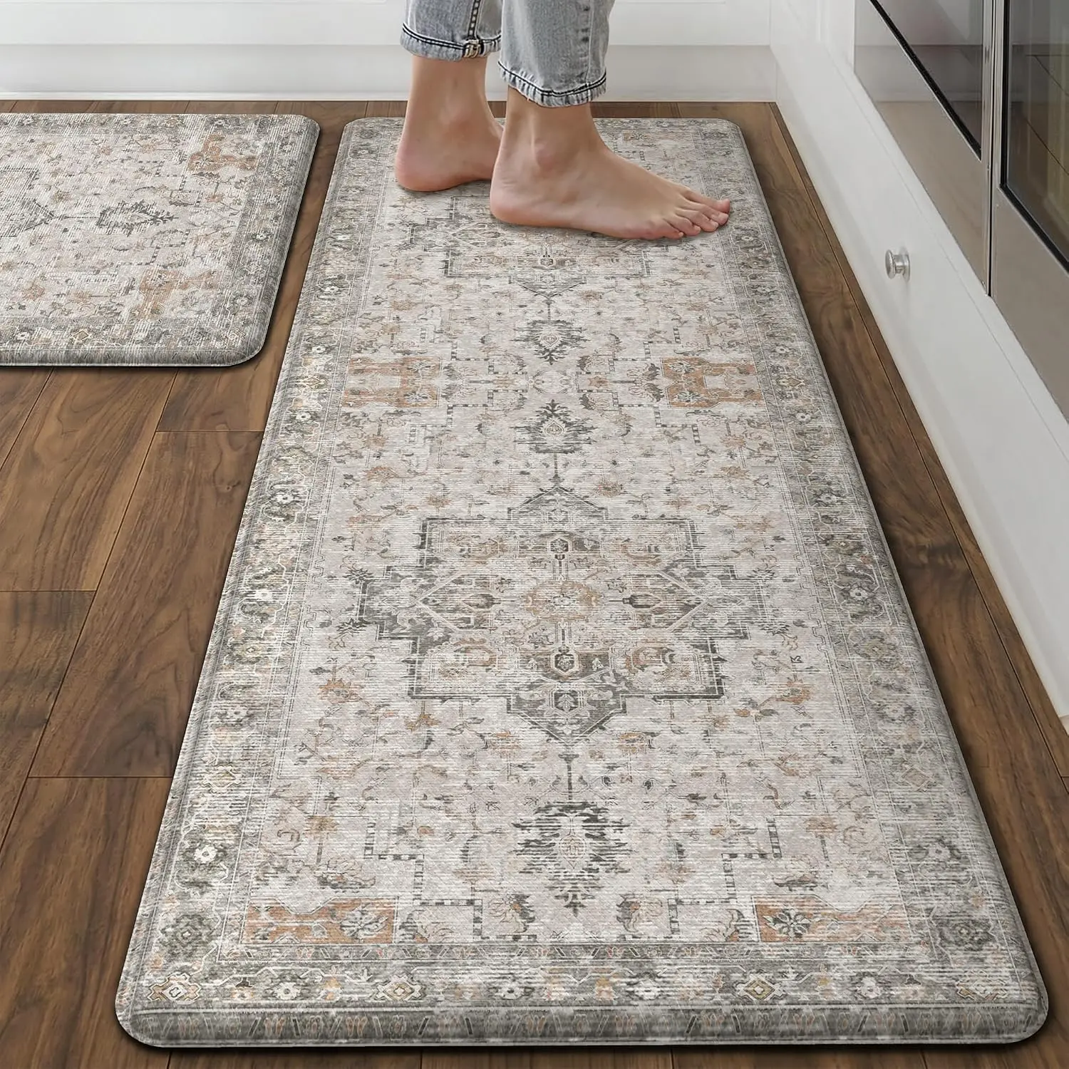 Anti Fatigue Kitchen Mats for Floor 2PCS, Cushioned Standing Mats |   17.3"x47"&17.3"x30", Light Taupe Brown vintage boho rug set, waterproof, non-slip, easy-clean for home laundry sink farmhouse