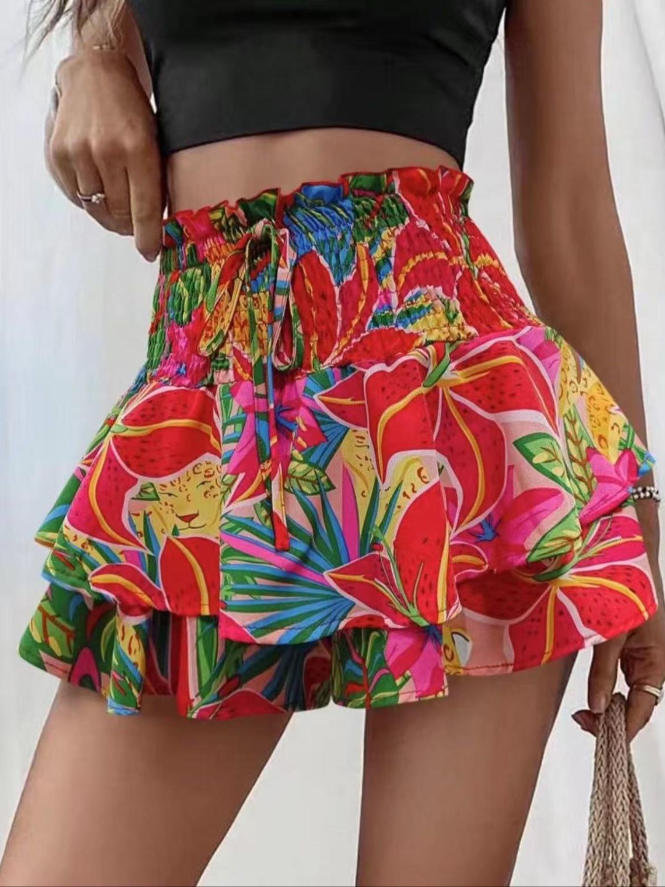 Women's Floral Print Woven Frill Trim Shirred Tiered Layer Shorts, Casual Loose High Waist Tie Front Drawstring Wide Leg Shorts for Spring & Fall, Women's Bottoms for Daily Wear
