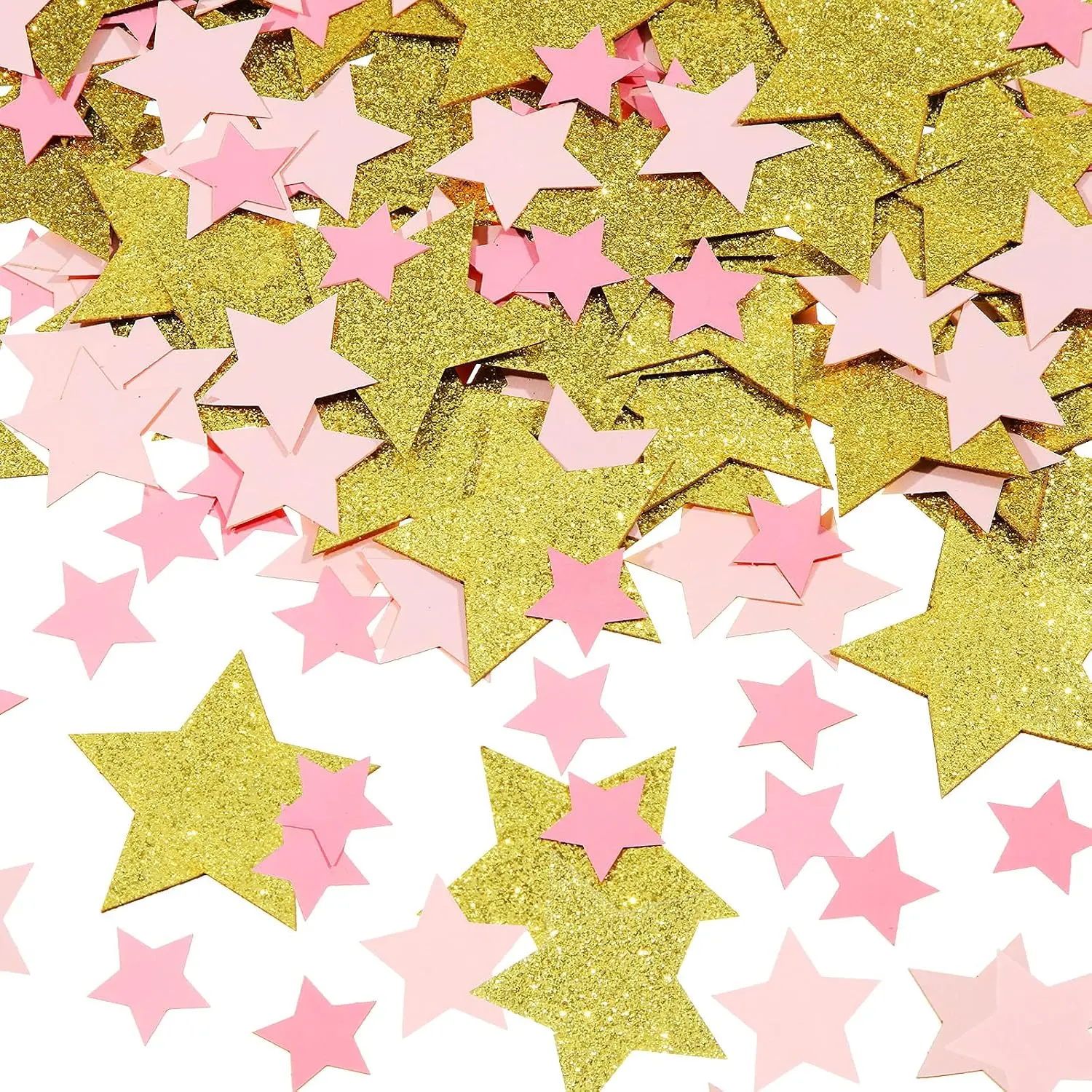 200 Pieces Pink and Gold Glitter Stars Confetti for Table Decor - Double Sided Paper for Baby Shower, Wedding, Birthday Party Supplies - 3 Styles