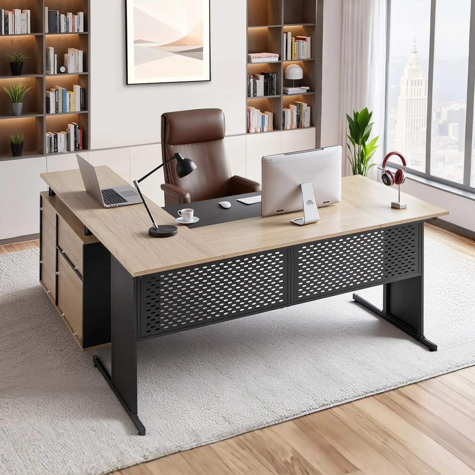 【DealsForYouDays】VEVOR L-Shaped Executive Desk, Modern Reversible Office Table with Drawers Storage Cabinet, Heavy Duty Large Wooden Executive Table, 350 LBS Load Capacity, Easy Assembly, for Work Study Writing