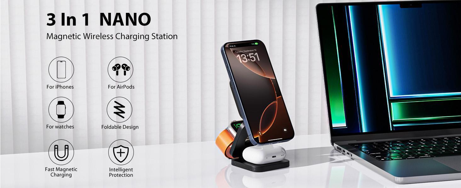 KUXIU X55 Foldable 3 in 1 Charging Station for Apple Devices, 15W Fast Magnetic Wireless Charger, Magent Travel Charger Stand for iPhone 16 15 14 13 12 Series, 5W for Apple Watch (Power Adapter not included)