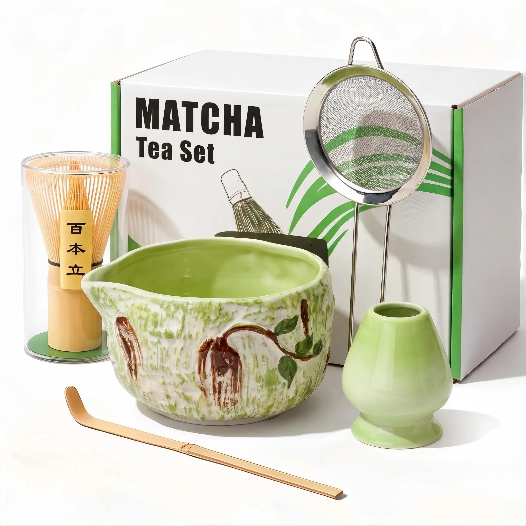 Matcha Whisk Set - 5-Piece Matcha Set, Includes 17-Ounce Spout Tea Bowl, Bamboo Whisk & Ceramic Stand, Matcha Scoop and Stainless Steel Sifter, Matcha Ceremony Set, Gift for Matcha Lovers