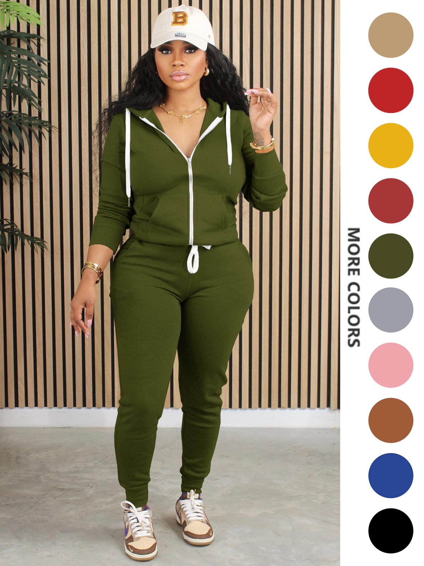 Two-Piece Set Women's Solid Zip Up Fitted Hoodie & Drawstring Waist Pants, Casual Long Sleeve Hooded Sweatshirt & Pocket Trousers for Spring & Fall, Women's Clothes for Daily Wear, Casual Fashion Set