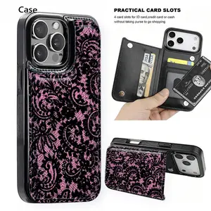Lace Wallet-Style Card Holder Phone Case, this practical  features a lace pattern design and has a card slot function, allowing you to store bank cards, bus cards, and other cards.Suitable for iPhone 17 Pro Max, 16, 15  14  13, 12 Pro Max series