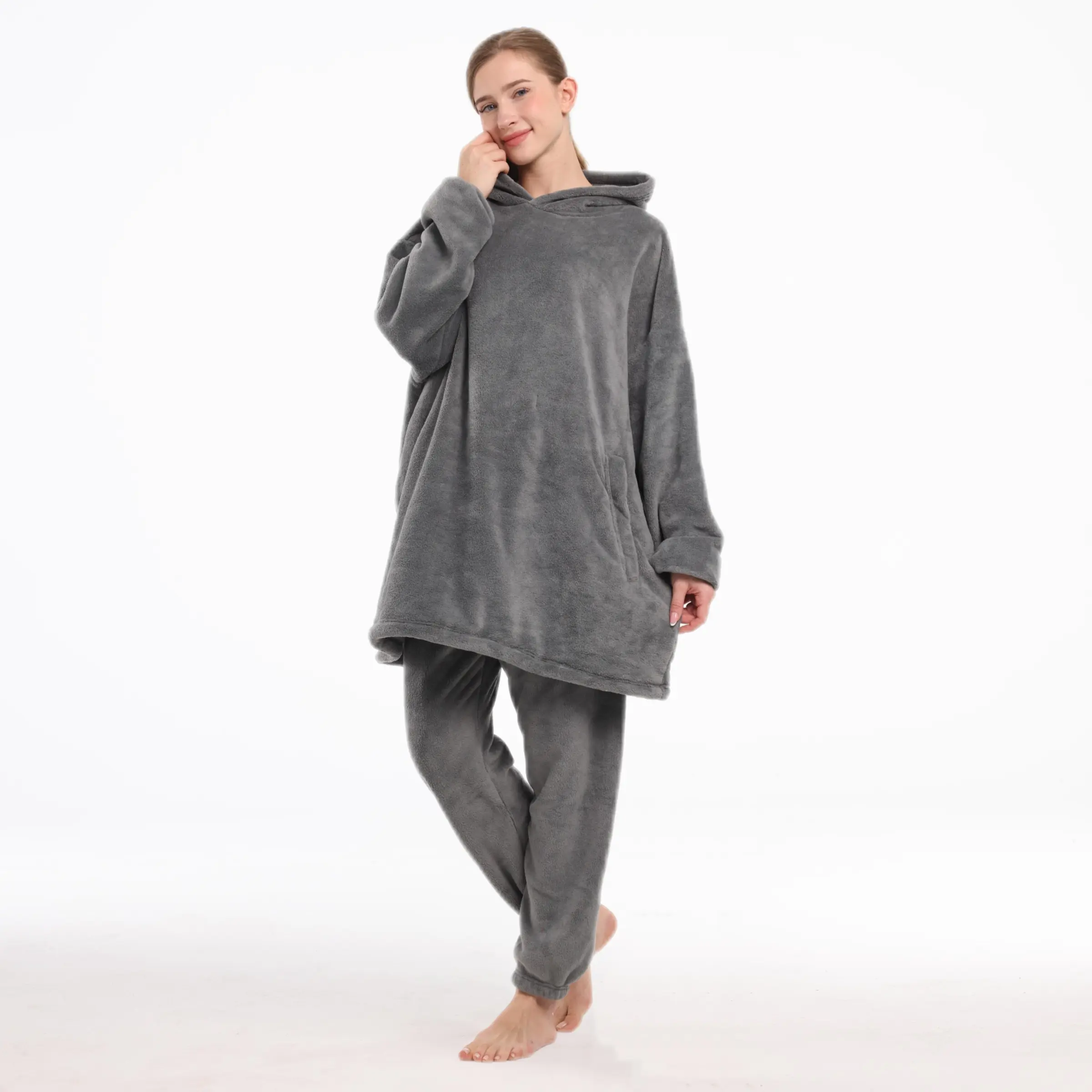 Coral Fleece Light Wearable Blanket Set, Loungewear with Hat and Pants, Unisex, Fall Winter, Warm and Soft