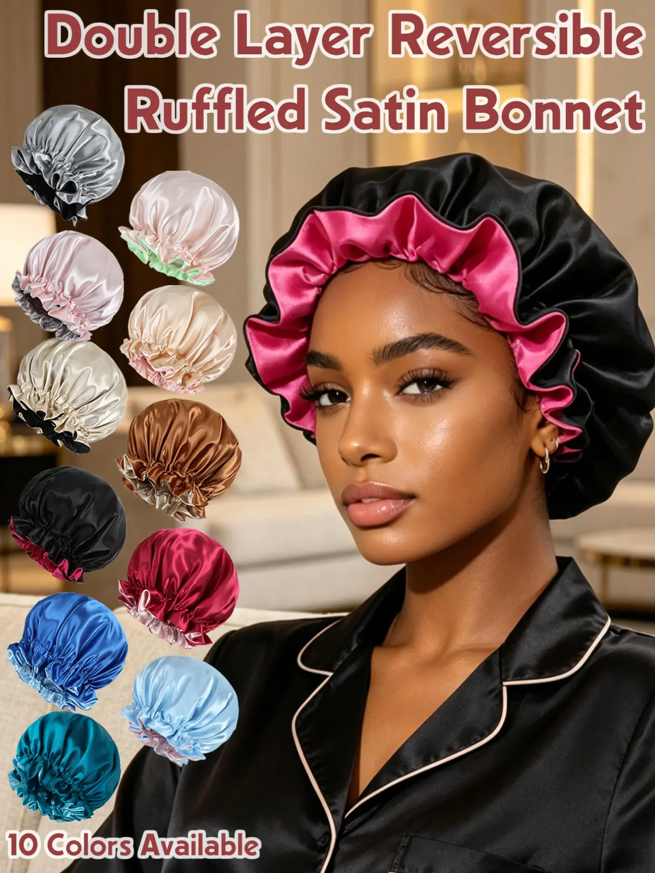 Women's Luxury Dual-Layer Satin Sleep Cap, Soft Breathable Night Hat, Ruffled Satin Bonnet, Ideal for Hair Care and Comfort, Elegant Sleeping Accessory