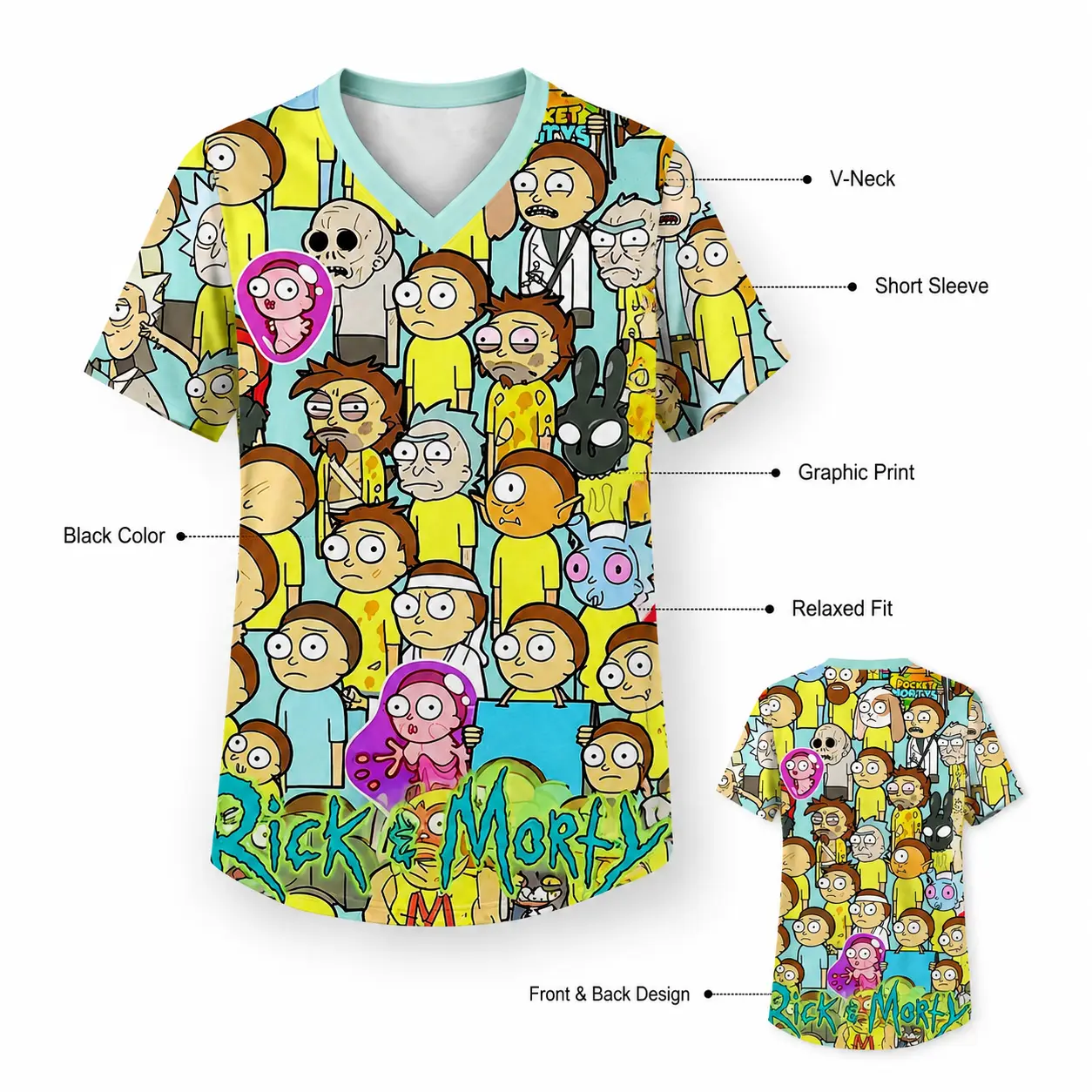Rick and Morty V Neck Shirt, All Over Graphic Print Short Sleeve Relaxed Fit Unisex Streetwear Top for Summer Casual Wear