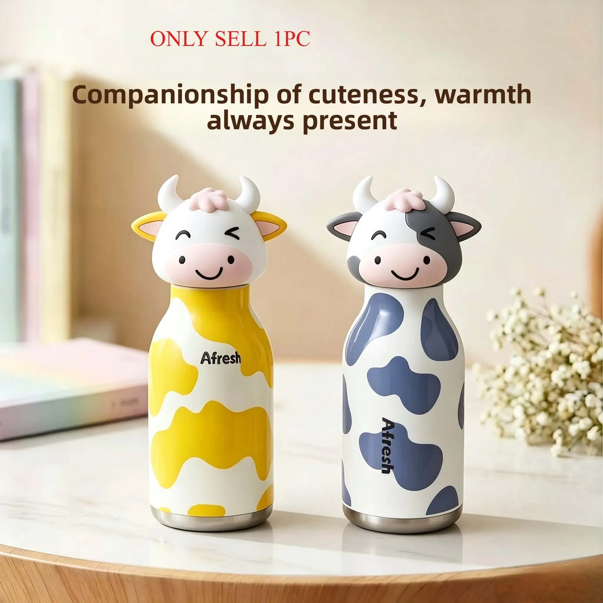 Poeny home girlfriends have the same cute cow cartoon doll 3D portable thermos cup, thermal insulation, cold insulation and leak-proof water cup, suitable for children, students and young groups, common for daily campus, home, office and travel