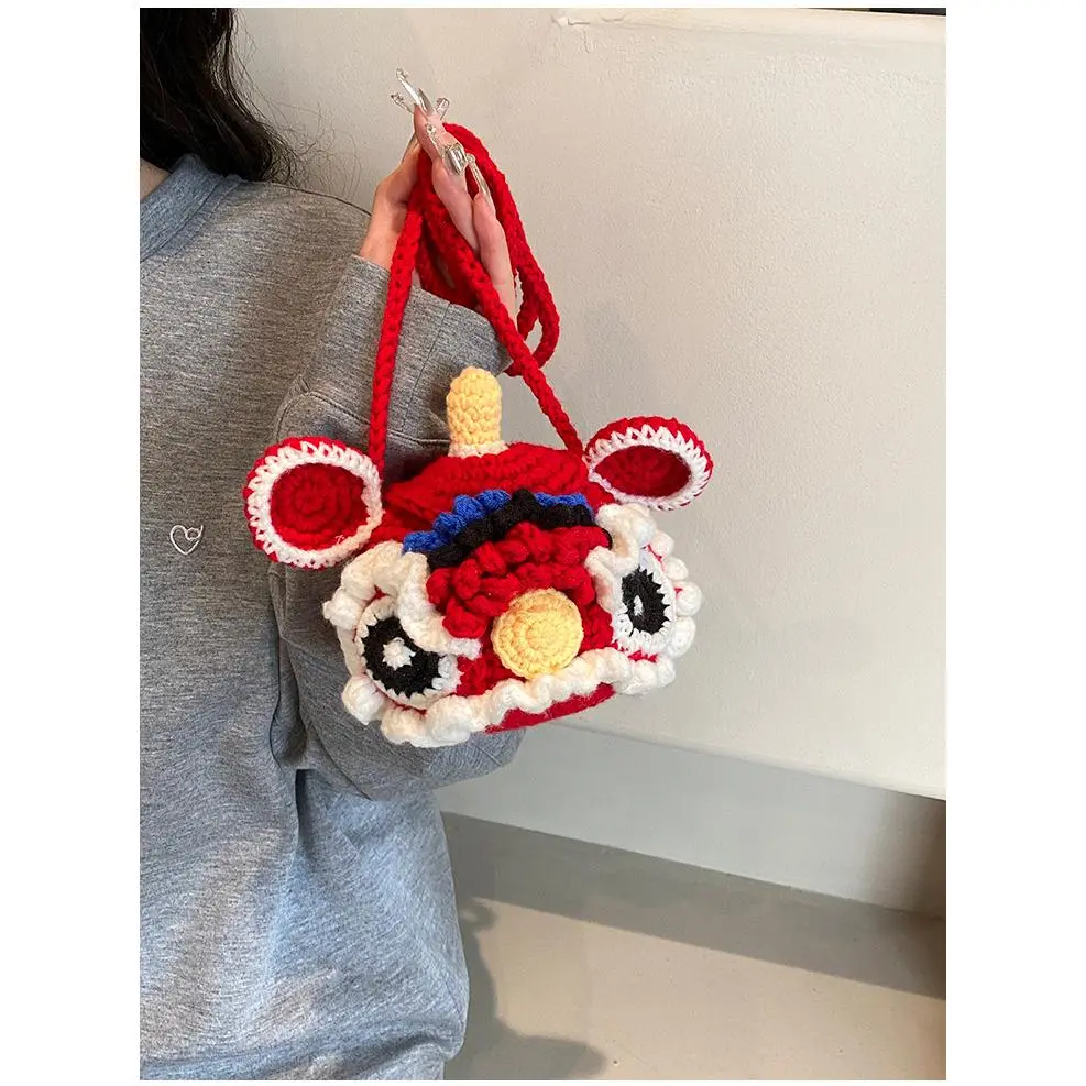Handmade Crochet Lion Dance Purse, Red Lunar New Year Mini Crossbody Bag for Women, Lucky Chinese Culture Phone Pouch   Bring in the Good Luck! Handmade Crochet Lion Dance Purse | Lunar New Year Outfit Essential | Viral Red Mini Bag