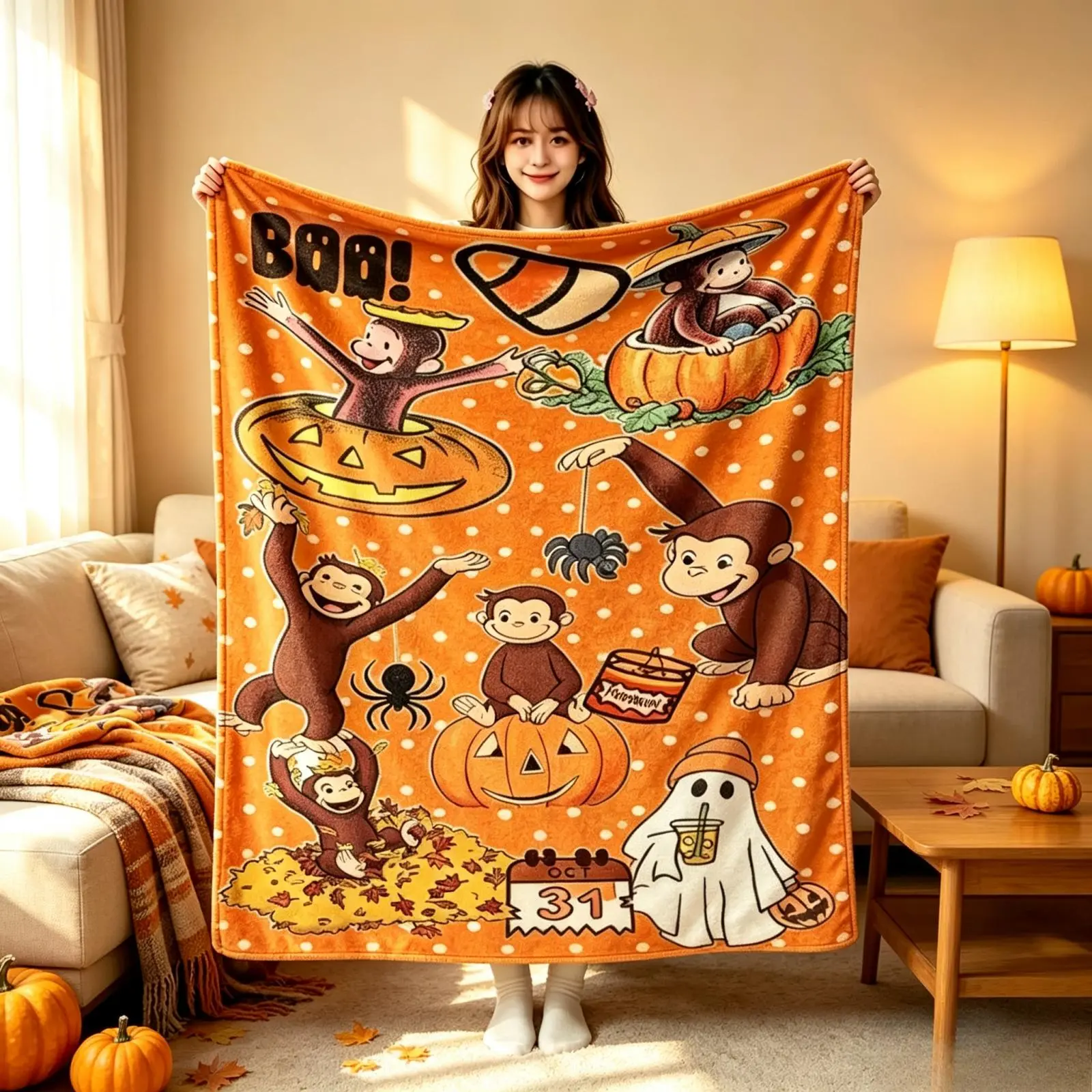 Curious George Halloween Fall Flannel Throw Blanket, Pumpkin Spider Boo Cartoon Print Soft Cozy Sofa Bed Cover, Autumn Kids Room Decor Gift For Halloween Birthday Christmas TikTok Viral Amazon Must Have, One-Piece