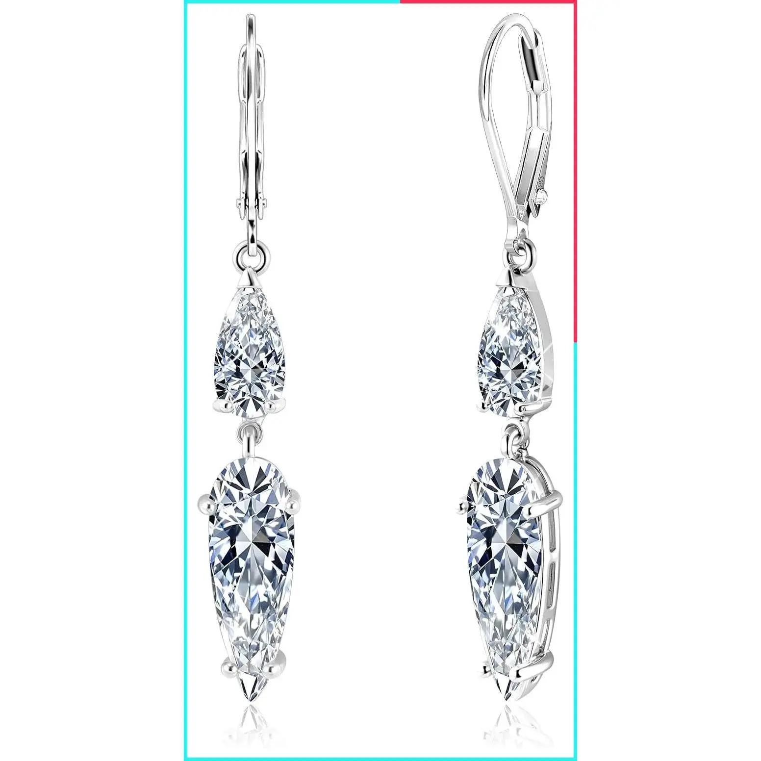 Silver Long Teardrop Dangle Earrings for Women Hypoallergenic Cubic Zirconia Drop Leverback Earrings Trendy CZ 2-Stone Long Crystal Teardrop Dangle Earings Jewelry Gifts