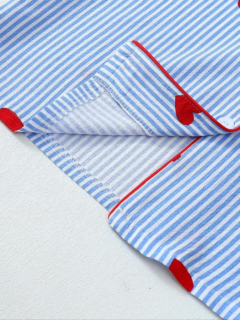 Valentine's Day Spring Summer Romantic Blue Striped Heart Elegant Short Sleeve Shorts Pajama Set for Women, Cute Fitted Homewear