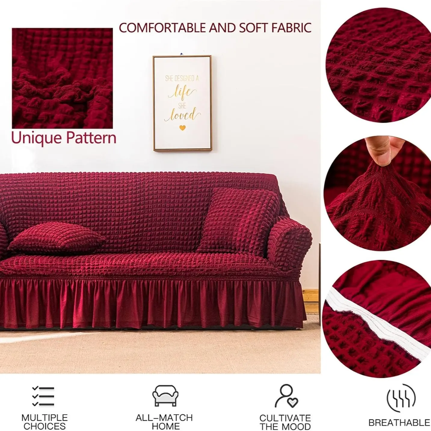 Pet-Friendly Sofa Cover with Ruffle Hem, Anti-Scratch, High Elastic Jacquard Fabric, Universal Fit 2/3-Seater Couch Slipcover, Washable, Stretchable Sofa Cover, Jacquard Couch Covers, Stretch Sofa Slipcover