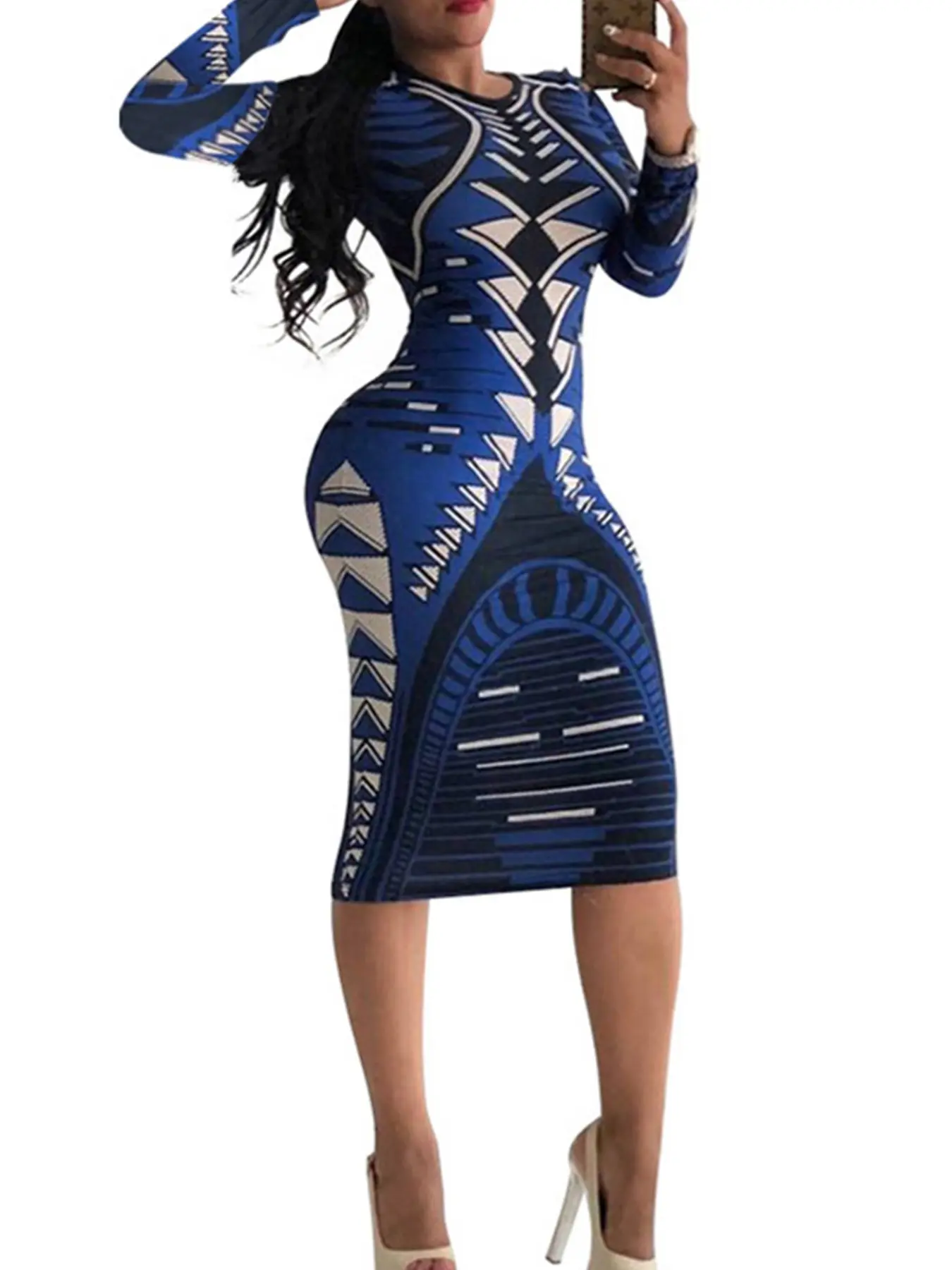 Women's Round Neck Long Sleeve Printed Bodycon Midi Dress, Ethnic Geometric Tribal Blue Colorblock Tight Fit Pencil Skirt, Versatile for Various Occasions