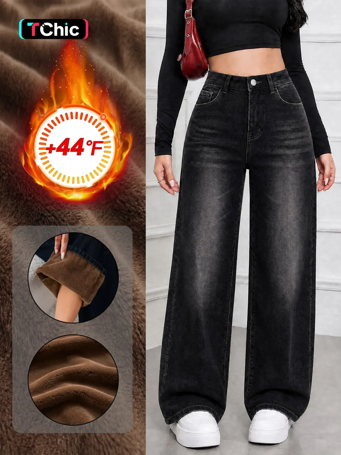 Women's Fall Winter Fleece Lined Thick Long Pants, Elastic Soft Warm Wide Leg Trendy Comfortable Jeans, Casual All Seasons Fashion