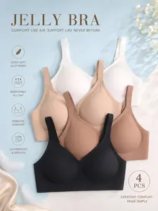 4 PCS Jelly Bra, Deep V Neck, Medium Support, Fitted, Lined, No Underwire, Comfortable Daily Wear, Women's Bras, Smooth