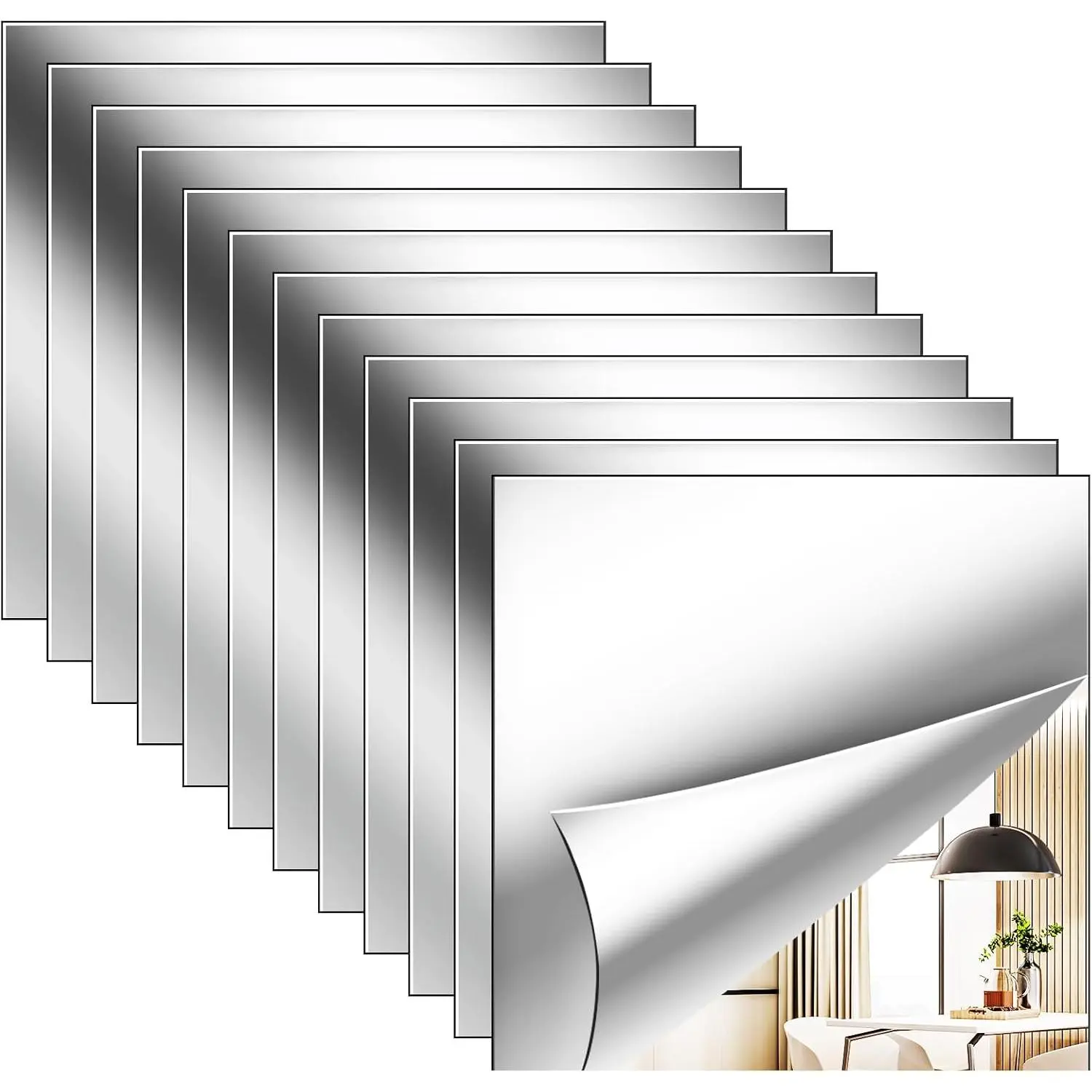 12 Pack Flexible Mirror Sheets 12x12 Inch Self Adhesive Non-Glass Mirror Tiles, Cuttable Shatterproof Acrylic Stickers, Safe Reflective Film for DIY Home Wall Decor Kitchen Bedroom