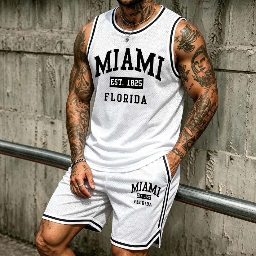 Men's “Miami Est. 1825 Florida” Athletic Set: Mesh Basketball Jersey & Shorts Two-Piece Combo — Lightweight, Breathable Sportswear