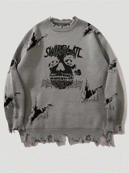 Men's Pattern Sweaters Retro Gothic Long Sleeve Crew neck Pullover knitted Top, Knitwear Tops, Grunge Skull Dollars Design, Aesthetic Gesture Warm Loose Fit Comfortable Jumper,Daily life,Hip-hop, Street wear, Going Out, Halloween Fall Winter Clothes