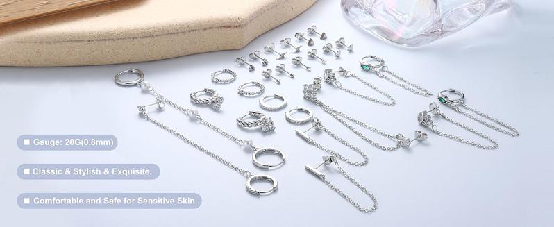 Jstyle 27PCS 14K Golden Plated Huggie Hoop Stud Earrings Set for Women | Fashion Hypoallergenic Small Dainty Dangle Chain Earrings for Multiple Piercing, Minimalist CZ Ball Mini Cartilage Stud Earrings Daily