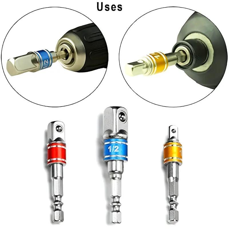 Impact Socket Adapter Set, 1/4" 3/8" 1/2" Hex Shank Socket Adapter, Durable Alloy Construction Heavy Duty Socket Adapter Set for Square Power Drill